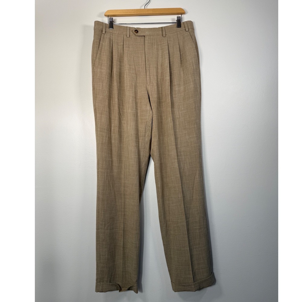 Ralph Lauren Trousers Men 36x34 Pleated Tan Slub Lt Weight Cuffed NWOT Old Money